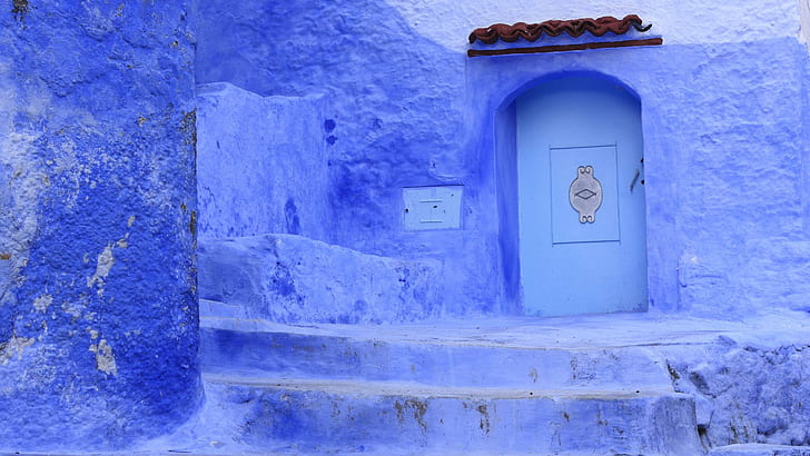 Blue Doorway, blue concrete house, weird, chefchaouen, morocco, HD wallpaper