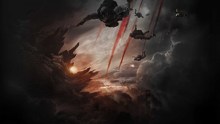 Godzilla Monster Giant Paratrooper Skydive Fall Smoke Sunlight Clouds HD, HD wallpaper