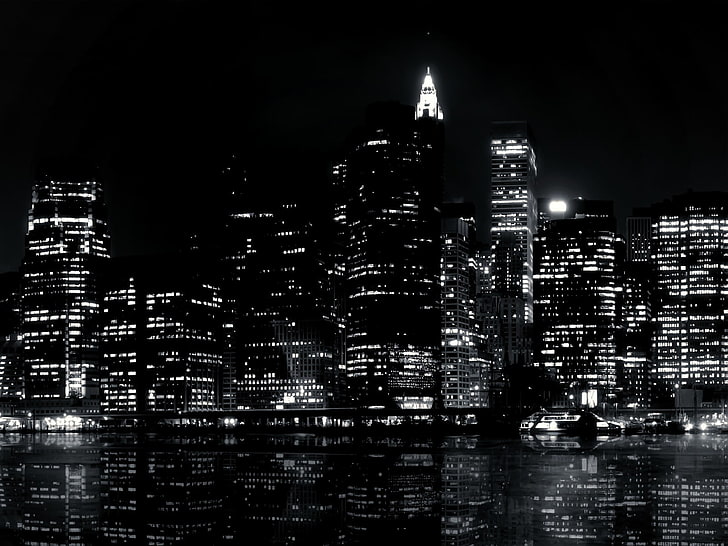 black and white computer tower, city, cityscape, reflection, night, HD wallpaper