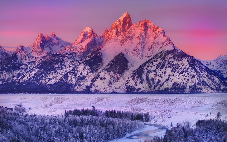gray mountain, snow, mountains, sky, snowy peak, sunset, Grand Teton National Park, HD wallpaper