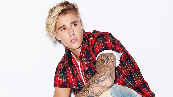 justin bieber, young adult, portrait, checked pattern, looking at camera