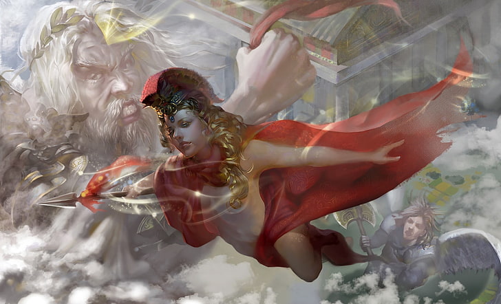 Athena, red, art, cloud, luminos, goddess, hgjart, zeus, fantasy