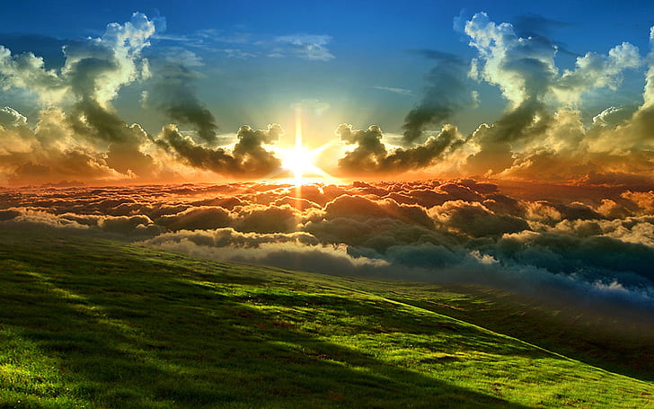 Green Meadow Dense Dark Cloud Sky Orange Sun Rays Sunset Full Hd Wallpaper, HD wallpaper