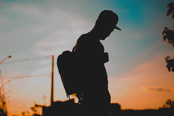 man wearing backpack silhouette photography, guy, cap, outdoors, HD wallpaper