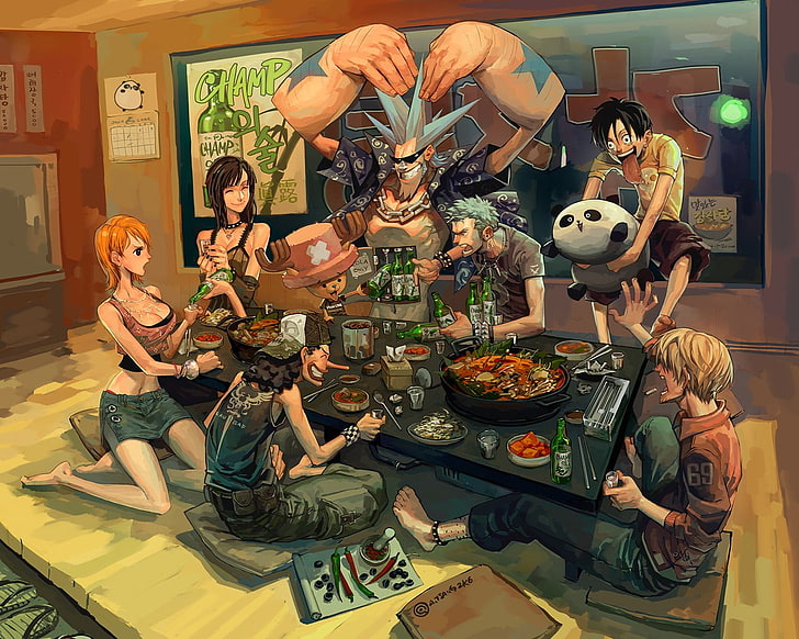 One Piece illustration, strawhat pirates, anime, Nami, Nico Robin