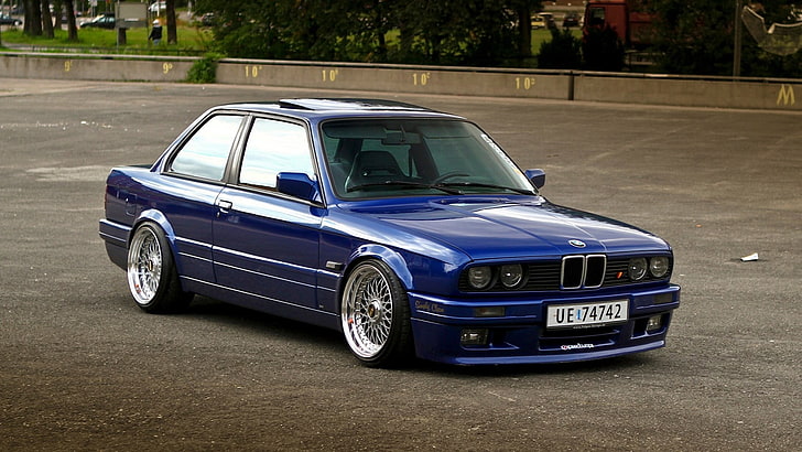 blue BMW coupe, Stance, BMW E30, BBS, blue cars, vehicle, mode of transportation