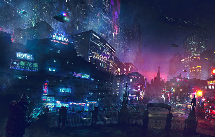 futuristic wallpaper, city, science fiction, cyberpunk, neon, HD wallpaper
