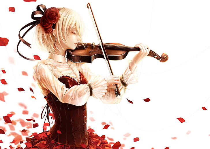 Satoshi Bouno, anime, anime girls, violin, blonde, short hair, HD wallpaper