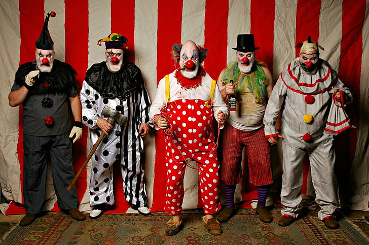 men, circus, clowns, old people, costume, group of people, standing, HD wallpaper