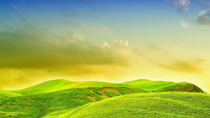 Bliss, green grasses, picture, mountains, grassland, nice, photoshop, HD wallpaper