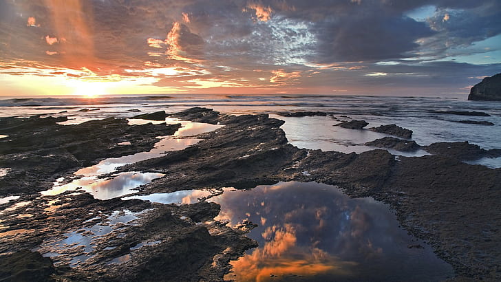 Sunset Rocks Stones Ocean Beach Clouds HD, nature, HD wallpaper