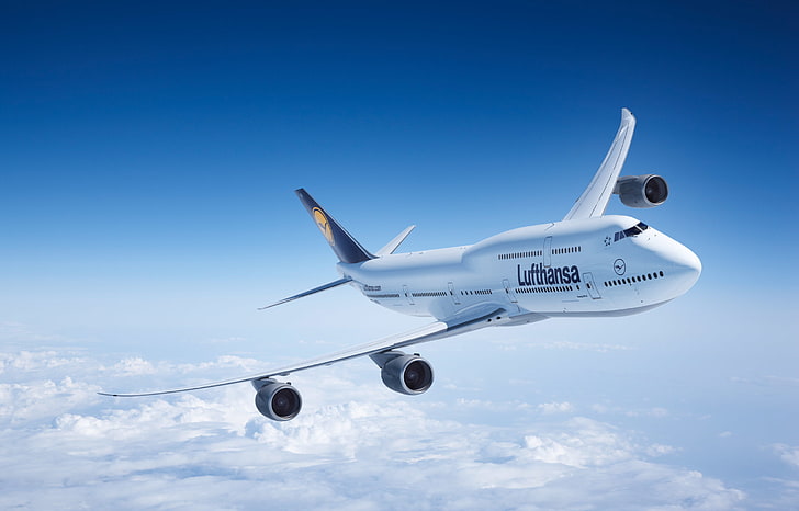 white airplane, Clouds, The plane, Flight, Boeing, 747, Lufthansa