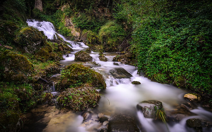 Waterfall Stream Forest Green Rocks Stones Timelapse HD, long exposure river, HD wallpaper
