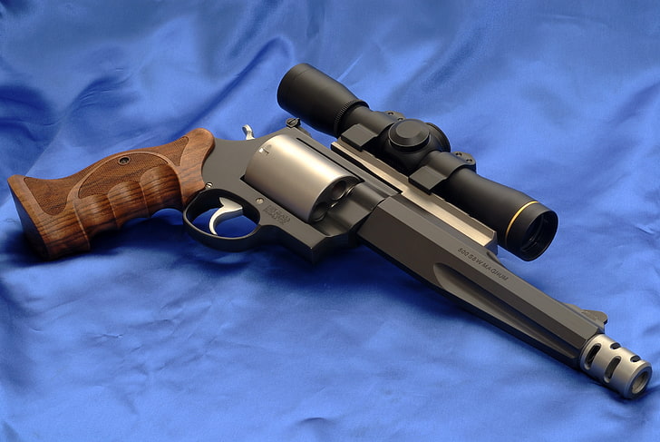 gray and brown revolver pistol with scope, gun, scopes, weapon
