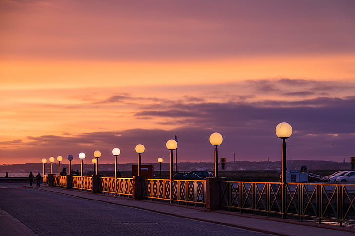 view of lighted lampposts and orange twilight sky, Bridge, dusk, HD wallpaper