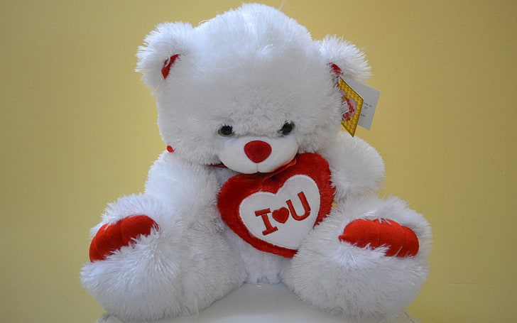white and red bear plush toy, teddy bears, love, stuffed toy