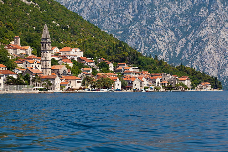 trees, mountains, rocks, shore, home, boats, Bay, Sunny, Montenegro