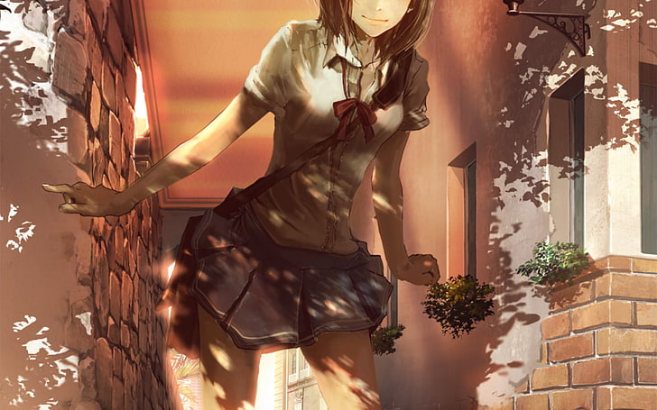 brown haired female anime character illustration, schoolgirl