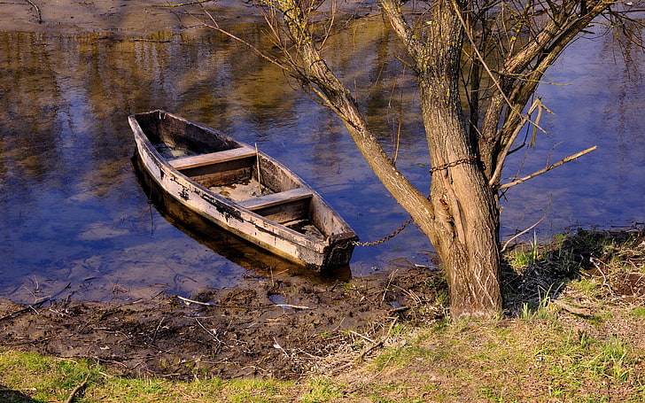 river, boat, trees, chains, reflection, water, nautical vessel