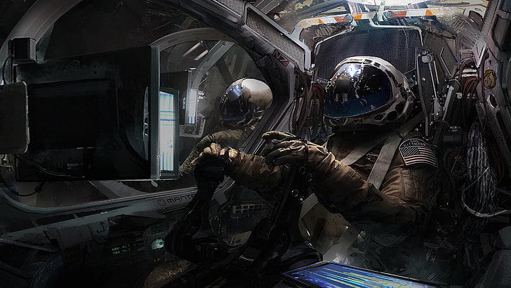 video game wallpaper, artwork, digital art, spaceship, astronaut