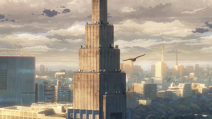 birds perched on high-rise concrete building illustration, anime