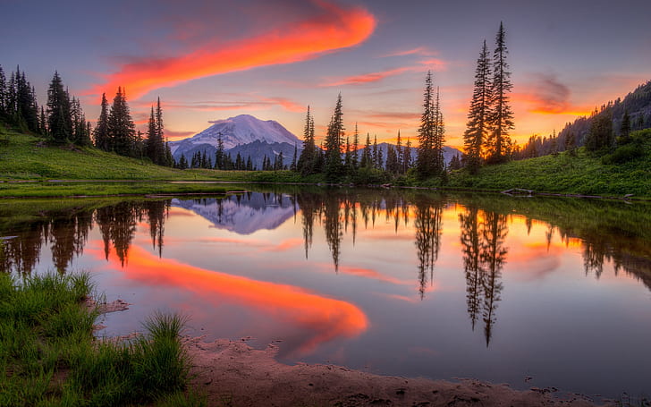 Tipsoo Lake In Washington Sunset Mountain Snow Forest Sky Water Reflection 3840×2400, HD wallpaper