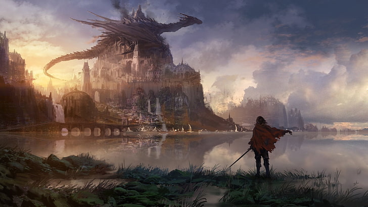 man holding sword facing brown dragon digital wallpaper, Fantasy, HD wallpaper