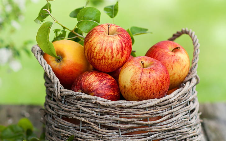 Red apples, fruit, basket, apple fruits, HD wallpaper