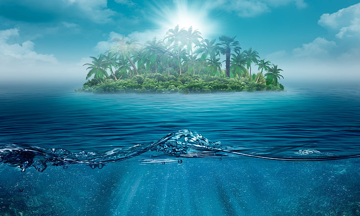 island and sea illustration, lonely, ocean, nature, landscape