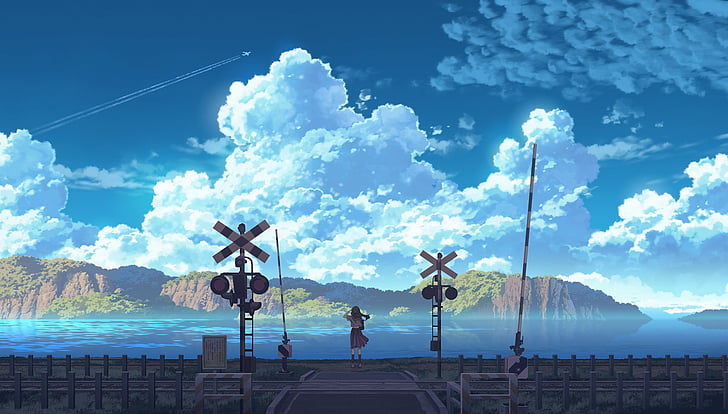 Anime, Original, Cloud, Forest, Girl, Mountain, Nature, Railroad, HD wallpaper