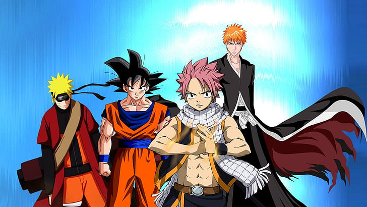 Goku, Naruto, Ichigo, Natsu (bright), shounen jumps character illustration