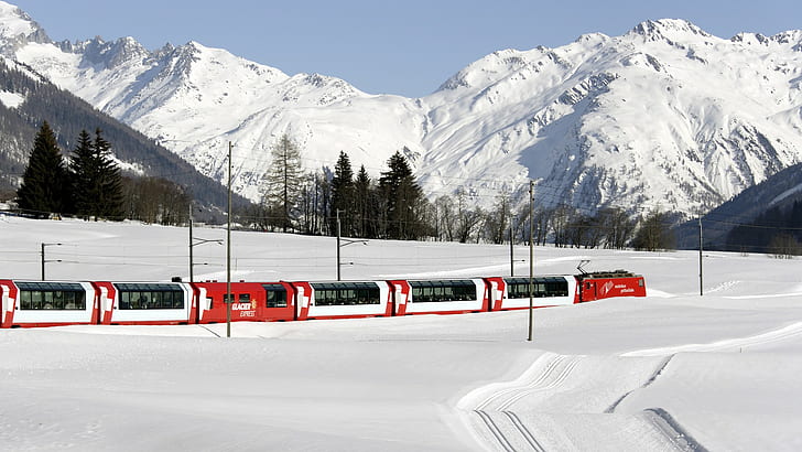 nature, landscape, train, railway, Switzerland, mountains, winter