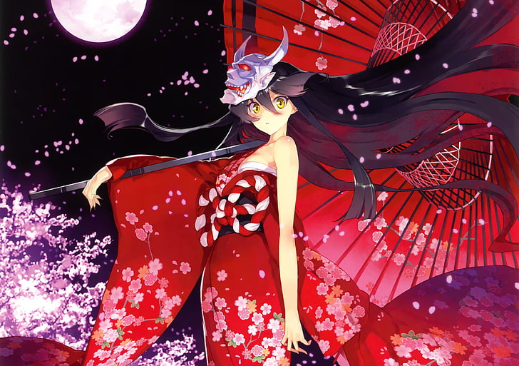 anime girls, long hair, kimono, red, pattern, no people, arts culture and entertainment, HD wallpaper
