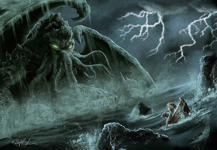 monster octopus on body of water painting, sea, boat, dog, Cthulhu