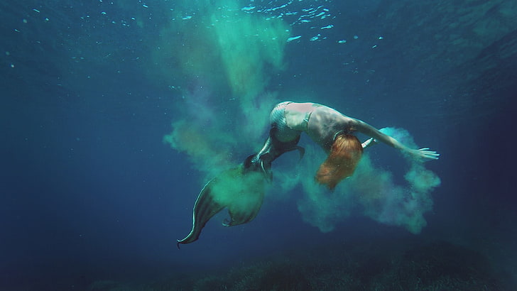 fantasy girl, mermaids, underwater, sea, swimming, undersea, HD wallpaper