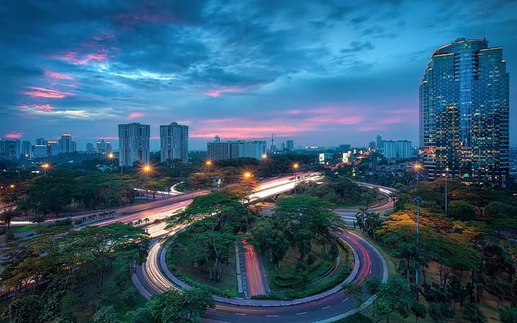 Indonesia, Jakarta city, houses, buildings, skyscrapers, night, road, lights, HD wallpaper