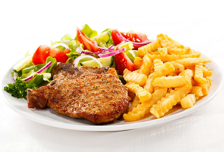 grilled steak, potatoes, meat, salad, plate, white background