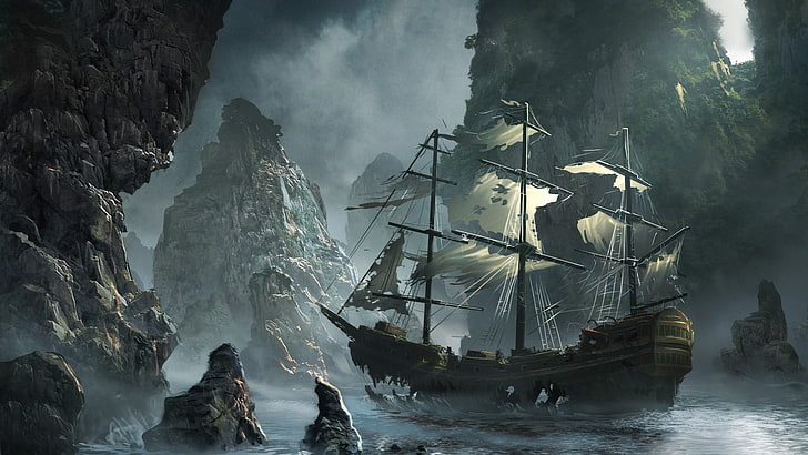 brown galleon ship sailing near stones, boat, rock, sea, digital art