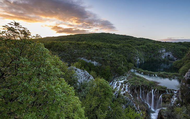 National Park, Plitvice Lakes, Croatia, waterfalls, mountains, trees, morning