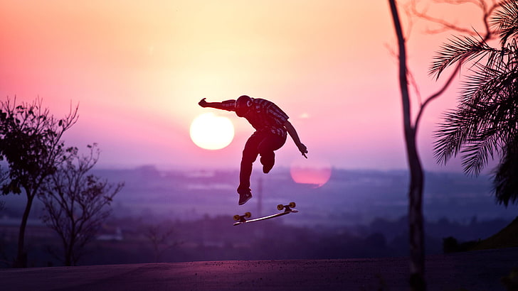 skateboard, sunset, asphalt, skateboarding, stunts, sport, extreme Sports, HD wallpaper