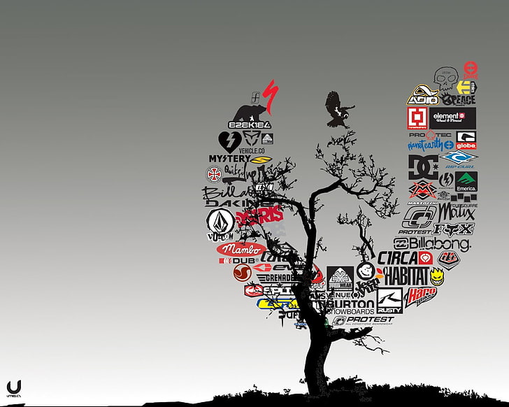 assorted brand logo illustration, trees, brands, skateboarding, HD wallpaper