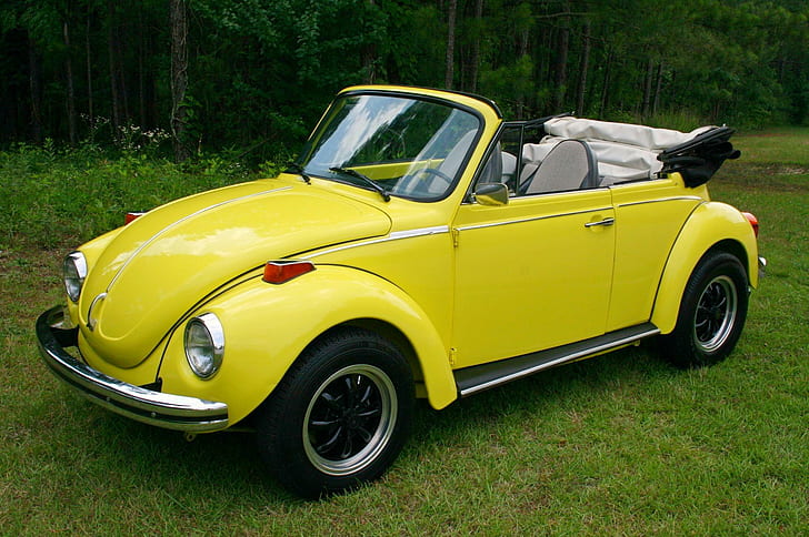 '73 Vw Super Beetle Convertible, yellow, vintage, volkswagen, HD wallpaper