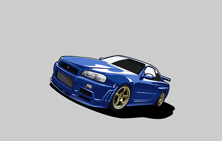 blue sports coupe illustration, nissan, skyline, gt-r, r34, gtr, HD wallpaper