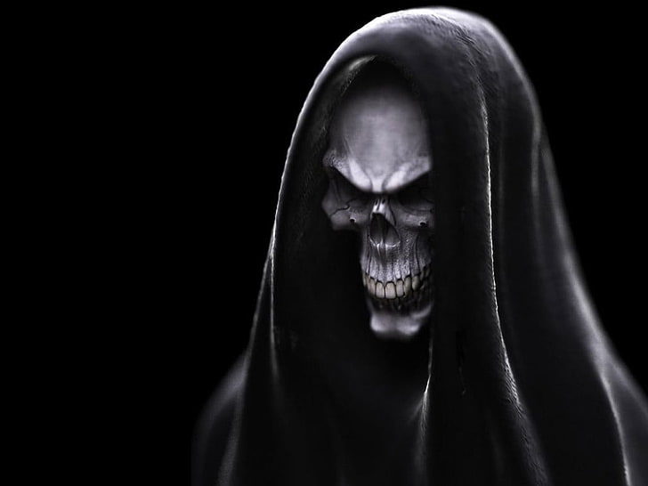 skull with black cape artwork painting, Grim Reaper, fantasy art