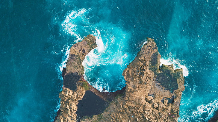 blue sea, landscape, aerial view, water, coast, rocks, cyan, waves, HD wallpaper