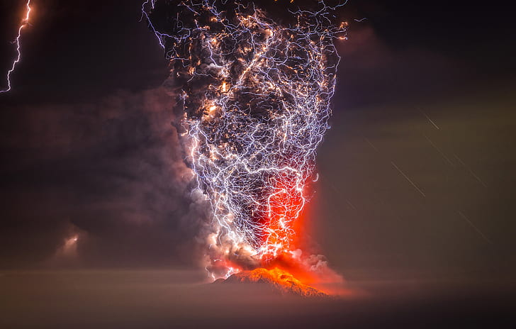 volcano, lightning, Chile, motion, exploding, illuminated, glowing