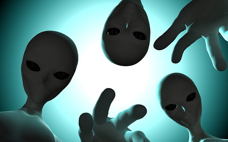 three white alien 3D digital wallpaper, aliens, face, human hand