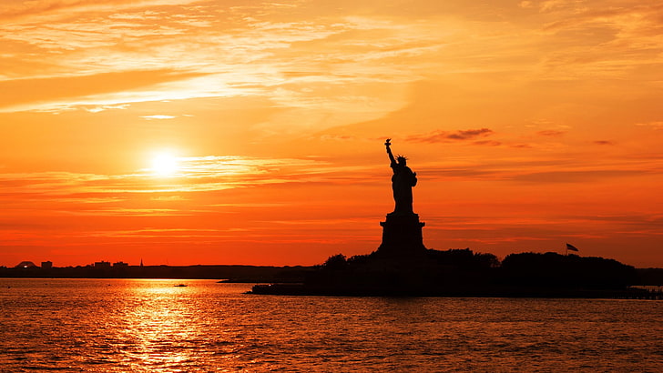 Statue of Liberty, sunset, sky, silhouette, travel destinations