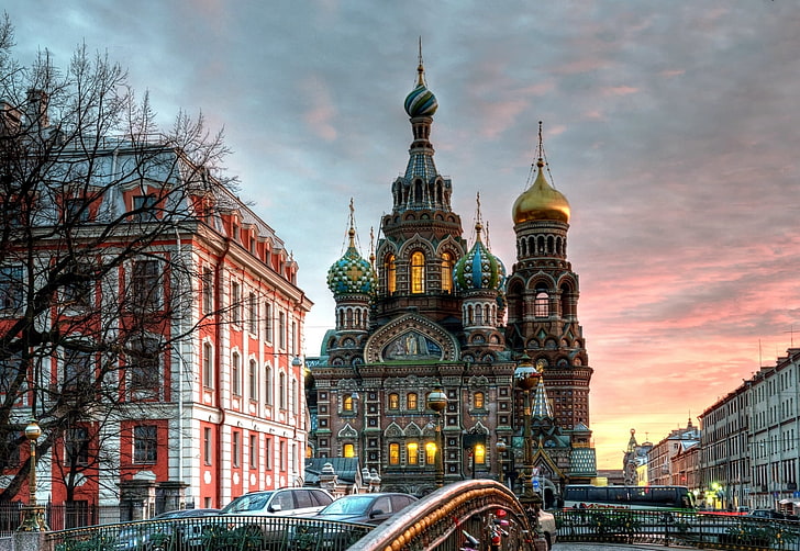 brown cathedral illustration, hdr, Saint Petersburg, Church of the Savior on Blood