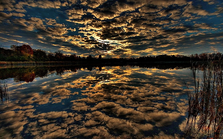 reflection, sunset, lake, clouds, trees, water, tranquility